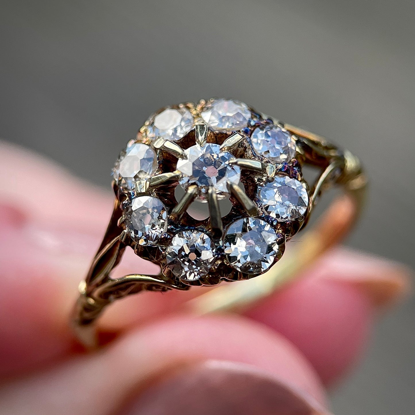 18CT Gold Antique 1.20CT Old Cut Diamond Cluster Ring Size Q