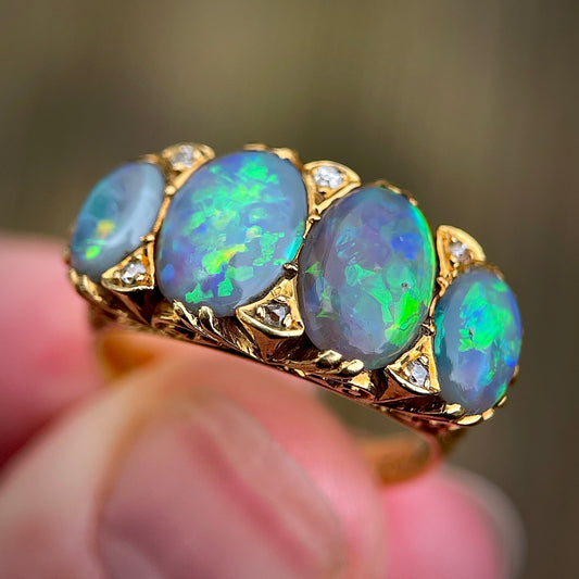 18CT Gold Large Antique Victorian Black Crystal Opal & Old Cut Diamond Ring