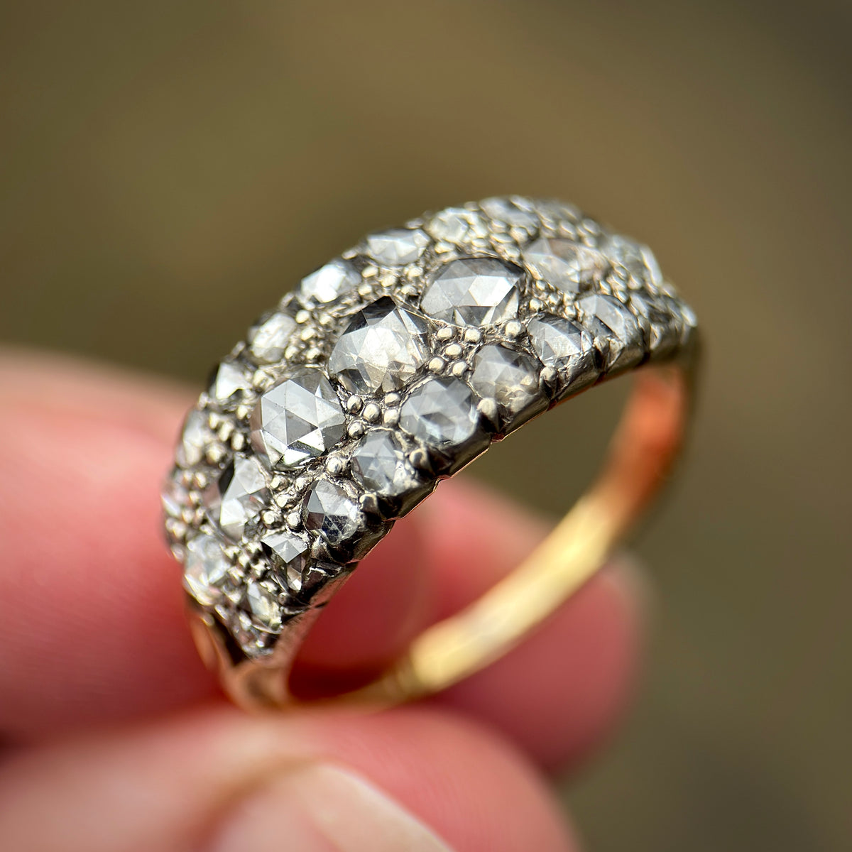 18ct Gold & Silver Antique Georgian 2.1ct Old Rose Cut Diamond Triple Row Ring