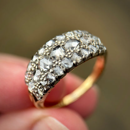 18ct Gold & Silver Antique Georgian 2.1ct Old Rose Cut Diamond Triple Row Ring