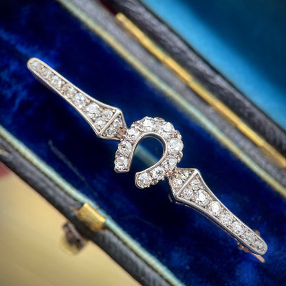 Antique Gold & Silver 1.00ct Old Cut Diamond Equestrian HorseShoe Brooch Bar Pin