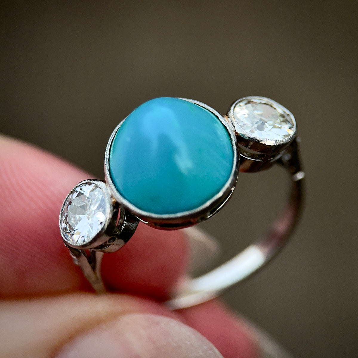 Platinum Art Deco Antique Sugarloaf Turquoise & Old Cut Diamond Three Stone Ring