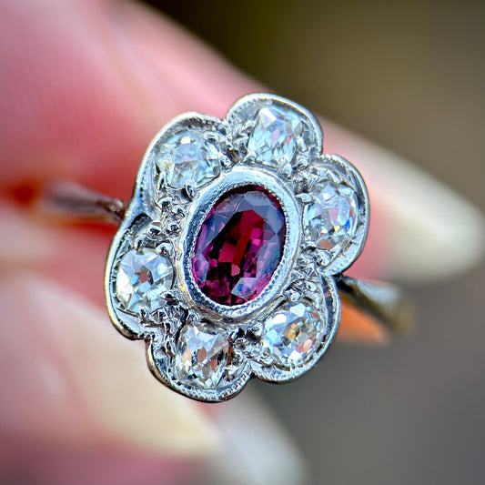 18ct Gold Plat Antique Edwardian Old Cut Diamond & Ruby Daisy Cluster Ring