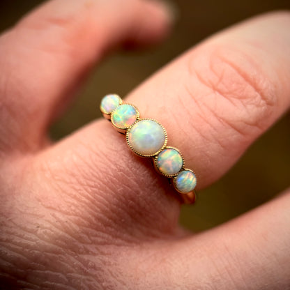 18CT Gold antique fiery crystal Opal five stone half hoop milgrain set ring