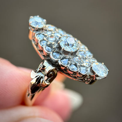 18ct Gold Antique Victorian 2.00ct Old Cut & Rose Cut Diamond Navette Ring