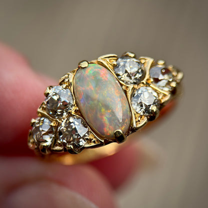 18CT Gold Antique Victorian Black Crystal Dark Opal 1.2ct Old Cut Diamond Ring