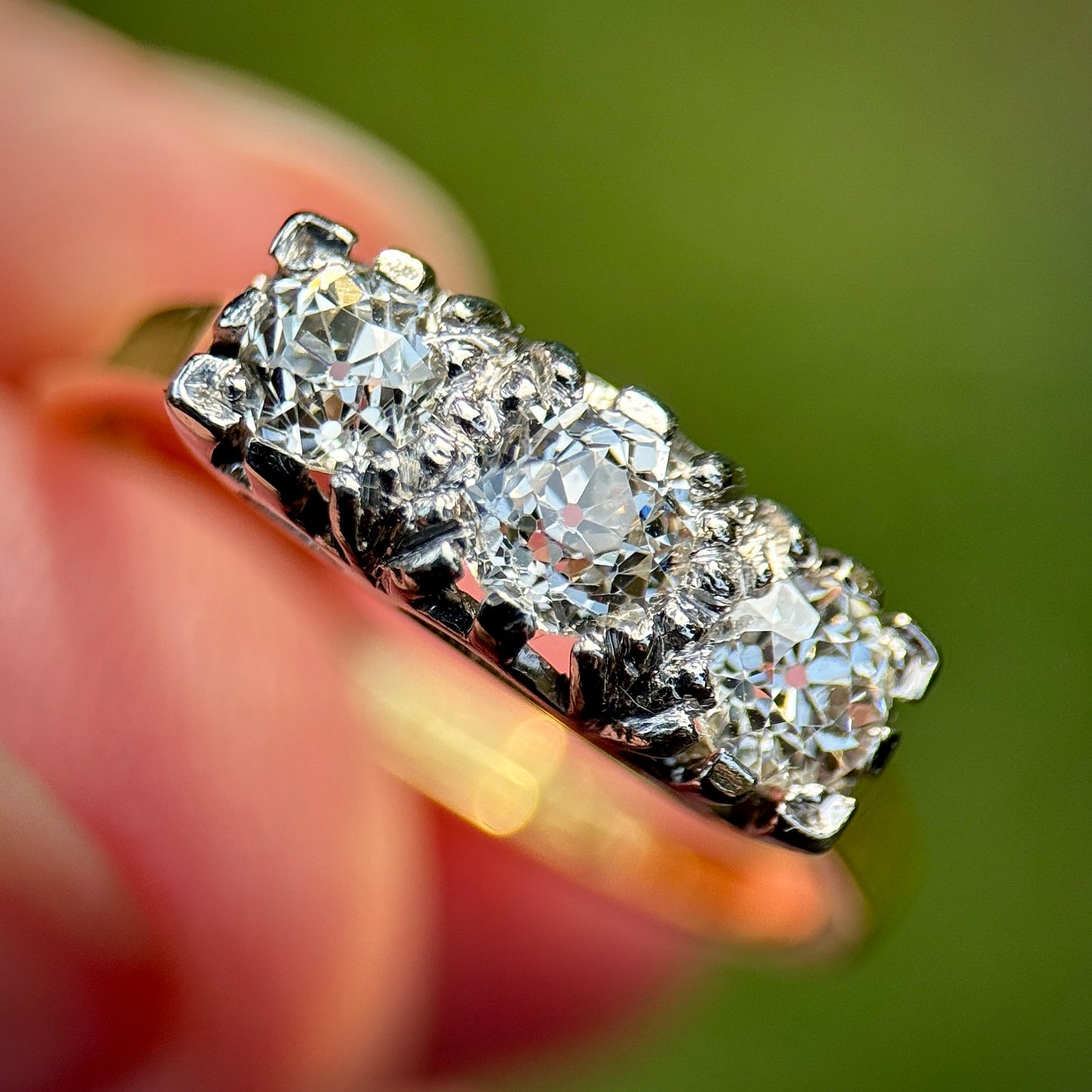 18ct Gold & Platinum Antique 0.90ct Old Cut Diamond Three Stone Trilogy Ring