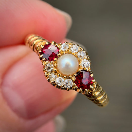 18ct Gold Antique Victorian Ruby Pearl & old cut diamond Cluster Ring