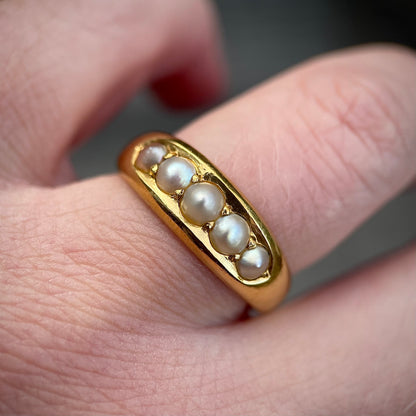 Heavy 18CT Gold Antique Pearl five stone half hoop gypsy ring 7.4g Size R 1/2