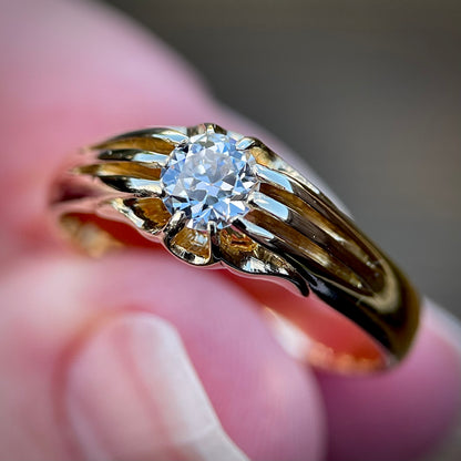 Superb 18ct Gold Antique 0.50ct Old European Cut Diamond Solitaire Gypsy Ring
