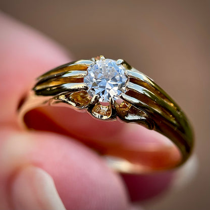 Superb 18ct Gold Antique 0.50ct Old European Cut Diamond Solitaire Gypsy Ring