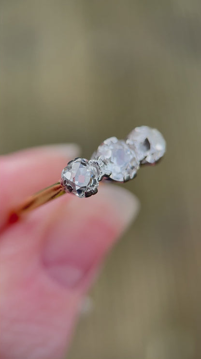 18ct Gold Antique 1.3ct Old Cut Diamond Three Stone Trilogy Gold Ring