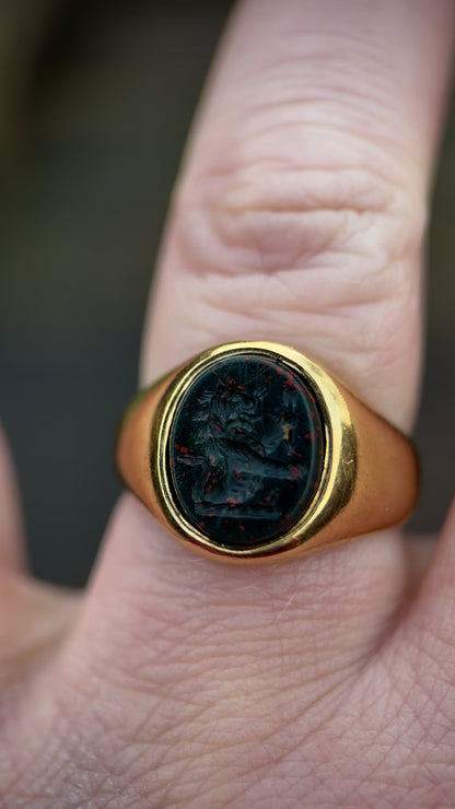 *RESERVED* + RESIZE to J 1/2 UK 18ct Gold Antique Victorian Lion Intaglio Solitaire Signet Ring HEAVY 9.3g