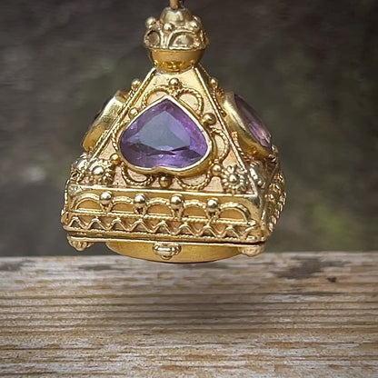 15CT Gold Antique Amethyst Heart Pendant Locket Seal Pill Box 9CT Gold Chain