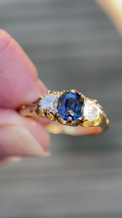 Antique Sapphire & Old Cut Diamond 3 Stone 18ct Yellow Gold Ring Size N