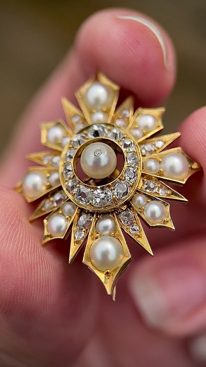 18CT Gold Antique Victorian Old Cut Diamond pearl Yellow Celestial Star Brooch