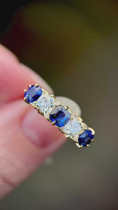 18ct Gold Antique Victorian 1.5ct Sapphire & 1ct Old Cut Diamond Five Stone Ring