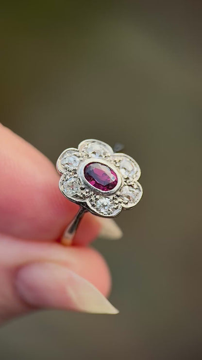 18ct Gold Plat Antique Edwardian Old Cut Diamond & Ruby Daisy Cluster Ring