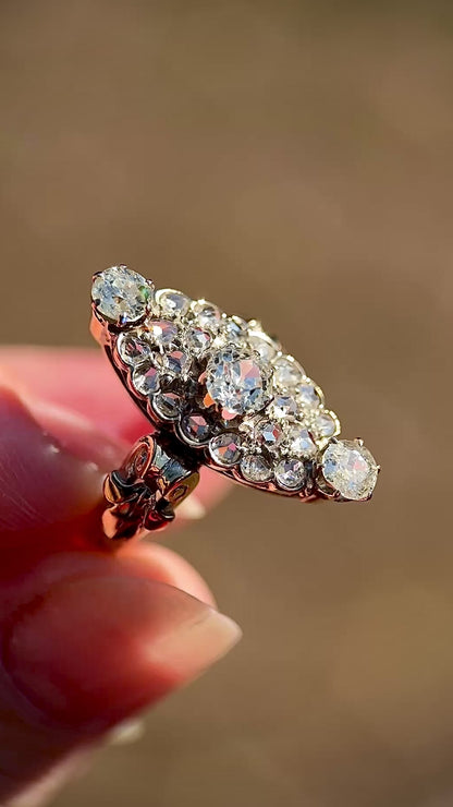 18ct Gold Antique Victorian 2.00ct Old Cut & Rose Cut Diamond Navette Ring