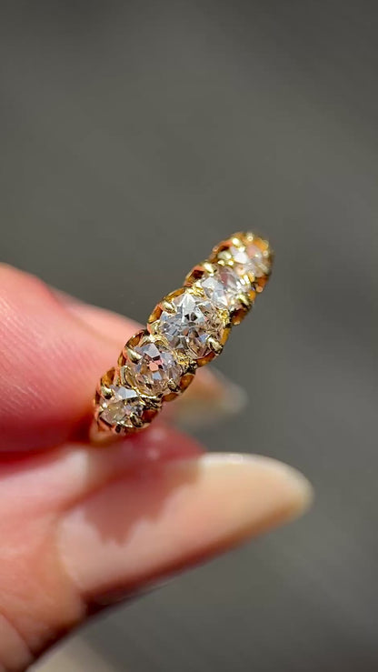 18ct Gold Antique 1.15ct Old Cut Diamond Five Stone Half Hoop Ring Size O