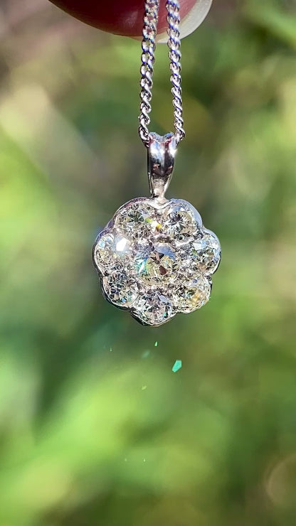 Antique 1.3CT Old Cut Diamond Daisy Pendant Charm & Chain 18" White Gold